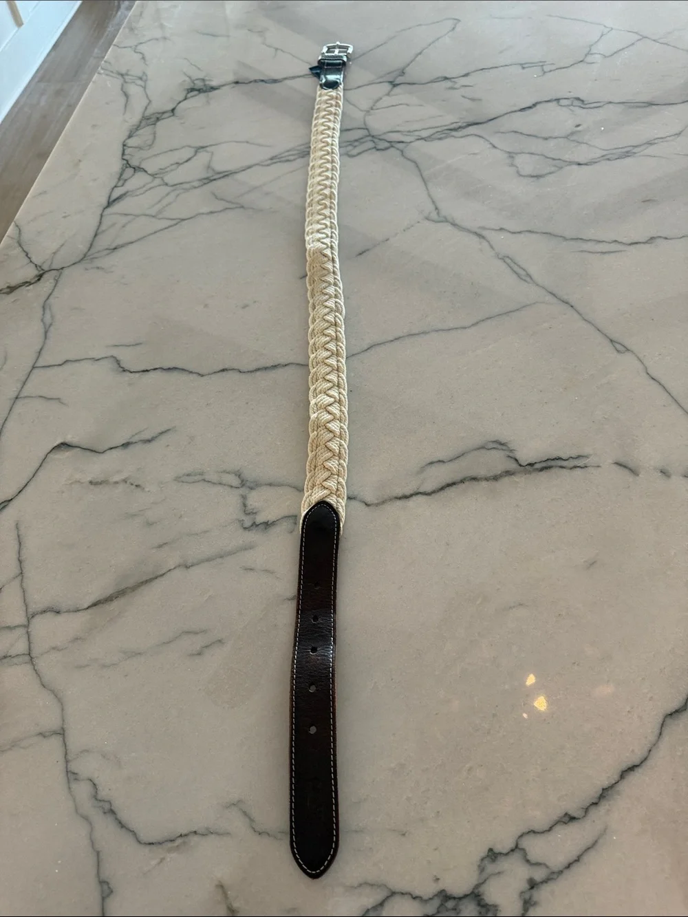 Vineyard Vines Cream Braided Belt with Brown Leather Trim and Silver Buckle